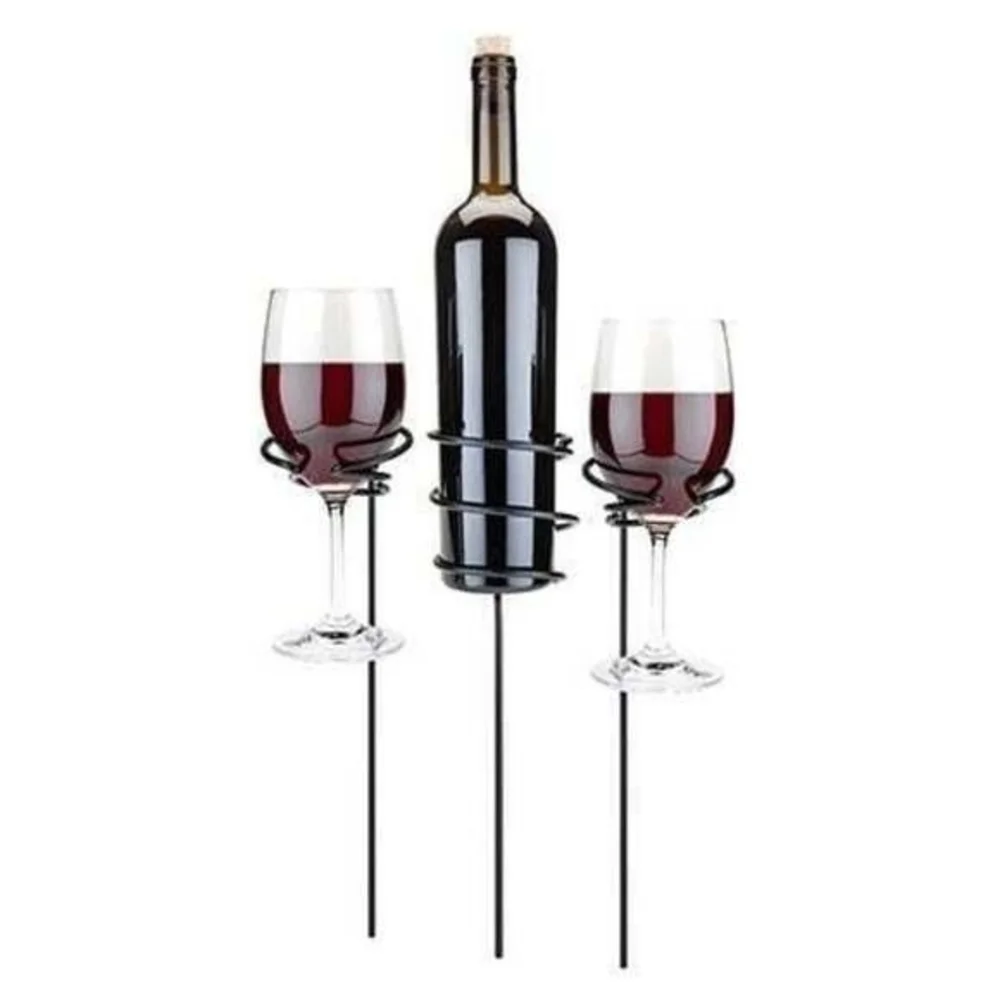 SORBUS 3-Piece Wine Stakes Picnic Set Glass & Bottle Holders Outdoor Metal NIB